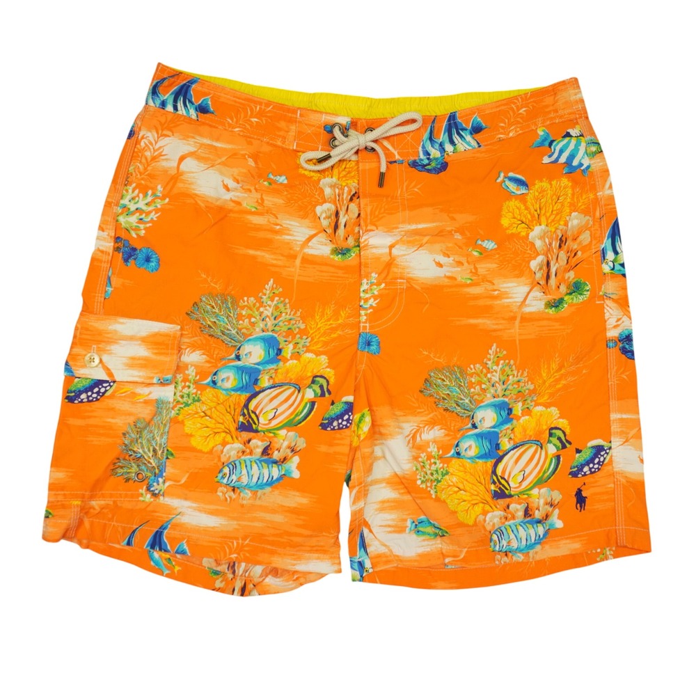 Polo Ralph Lauren Swim Trunks Mens S Orange Tropical Fish Coral Cargo Shorts